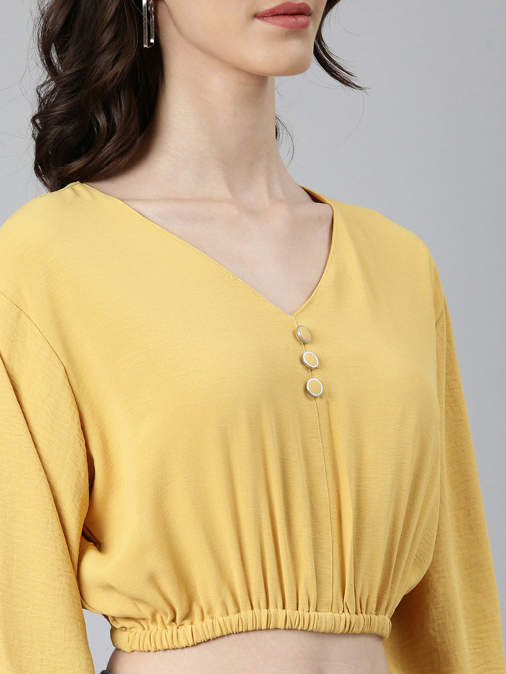 Women's Mustard V-Neck Puff Sleeves Blouson Crop Top