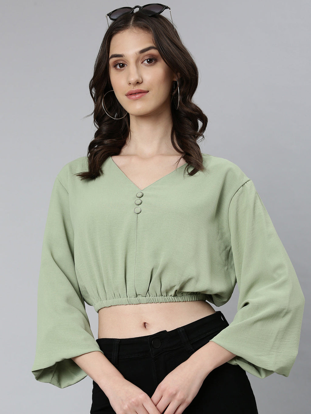 Women's Sea Green Flared Sleeve Crepe Blouson Crop Top