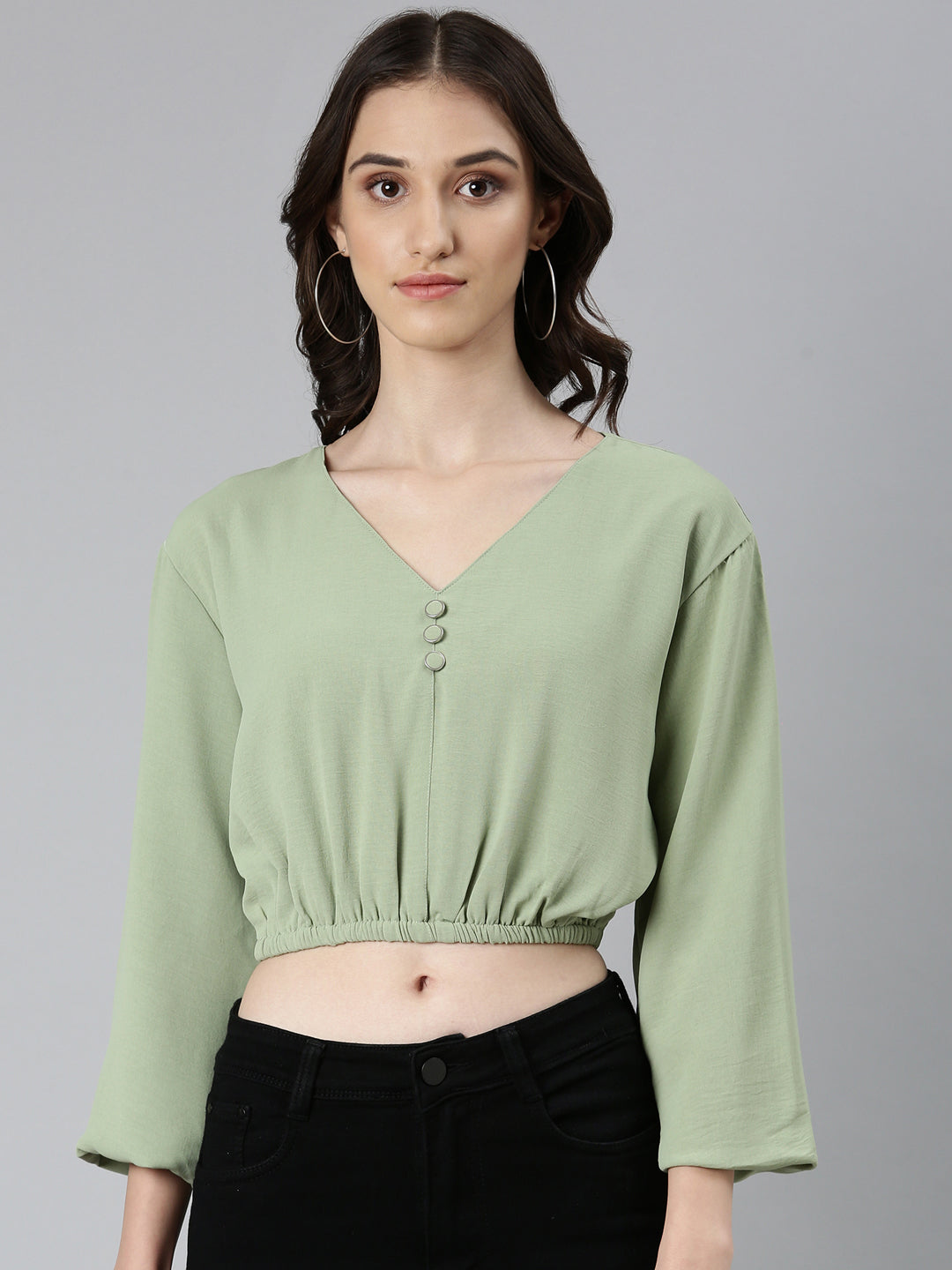 Women's Sea Green Flared Sleeve Crepe Blouson Crop Top