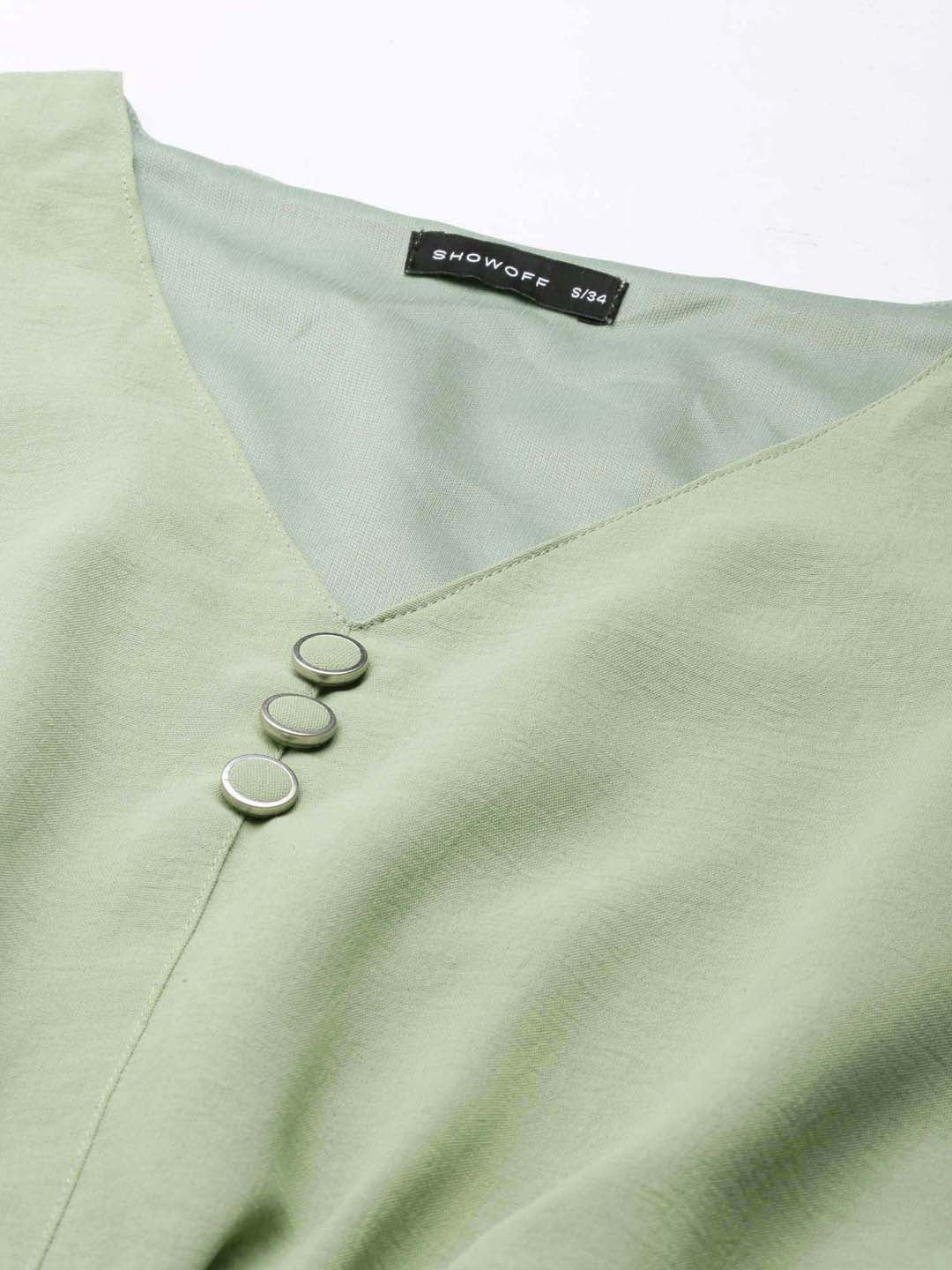 Women's Sea Green Flared Sleeve Crepe Blouson Crop Top