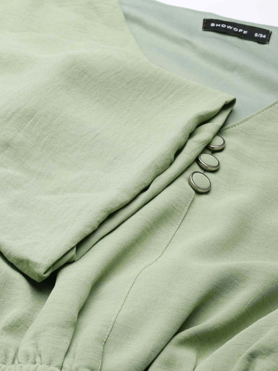 Women's Sea Green Flared Sleeve Crepe Blouson Crop Top