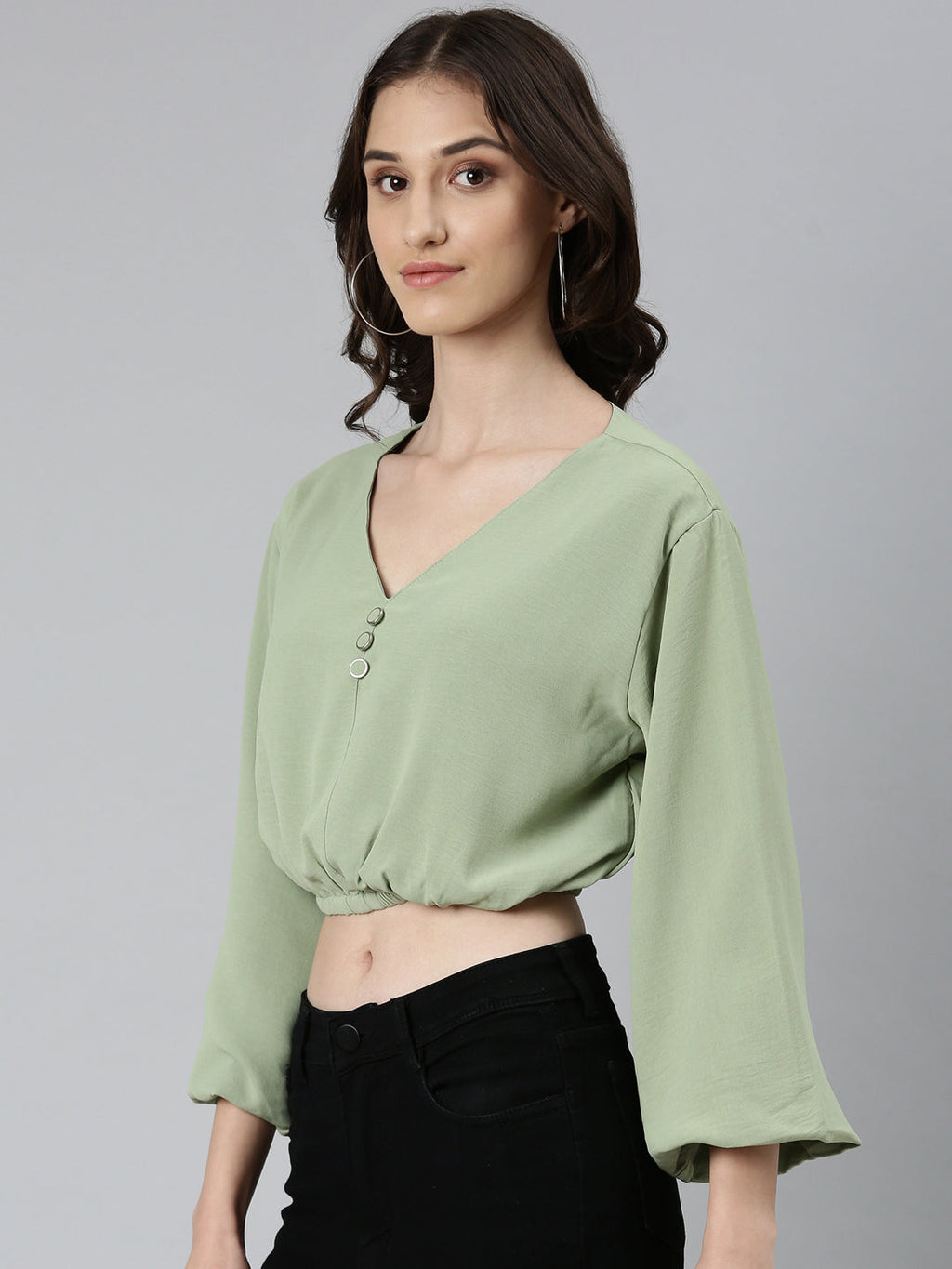 Women's Sea Green Flared Sleeve Crepe Blouson Crop Top