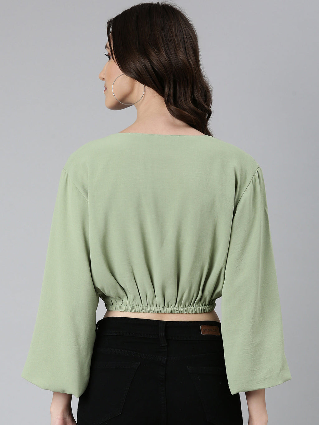 Women's Sea Green Flared Sleeve Crepe Blouson Crop Top