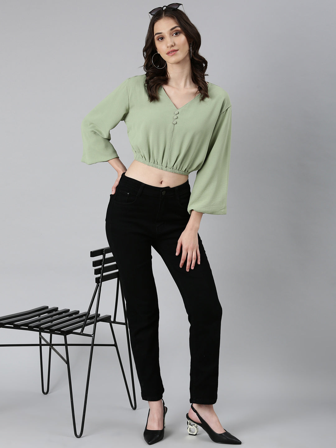 Women's Sea Green Flared Sleeve Crepe Blouson Crop Top