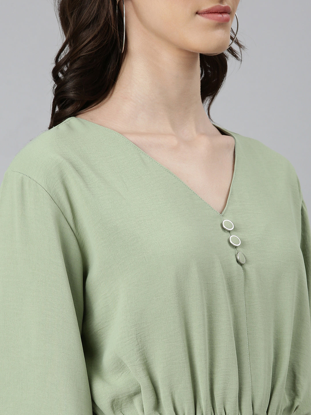 Women's Sea Green Flared Sleeve Crepe Blouson Crop Top