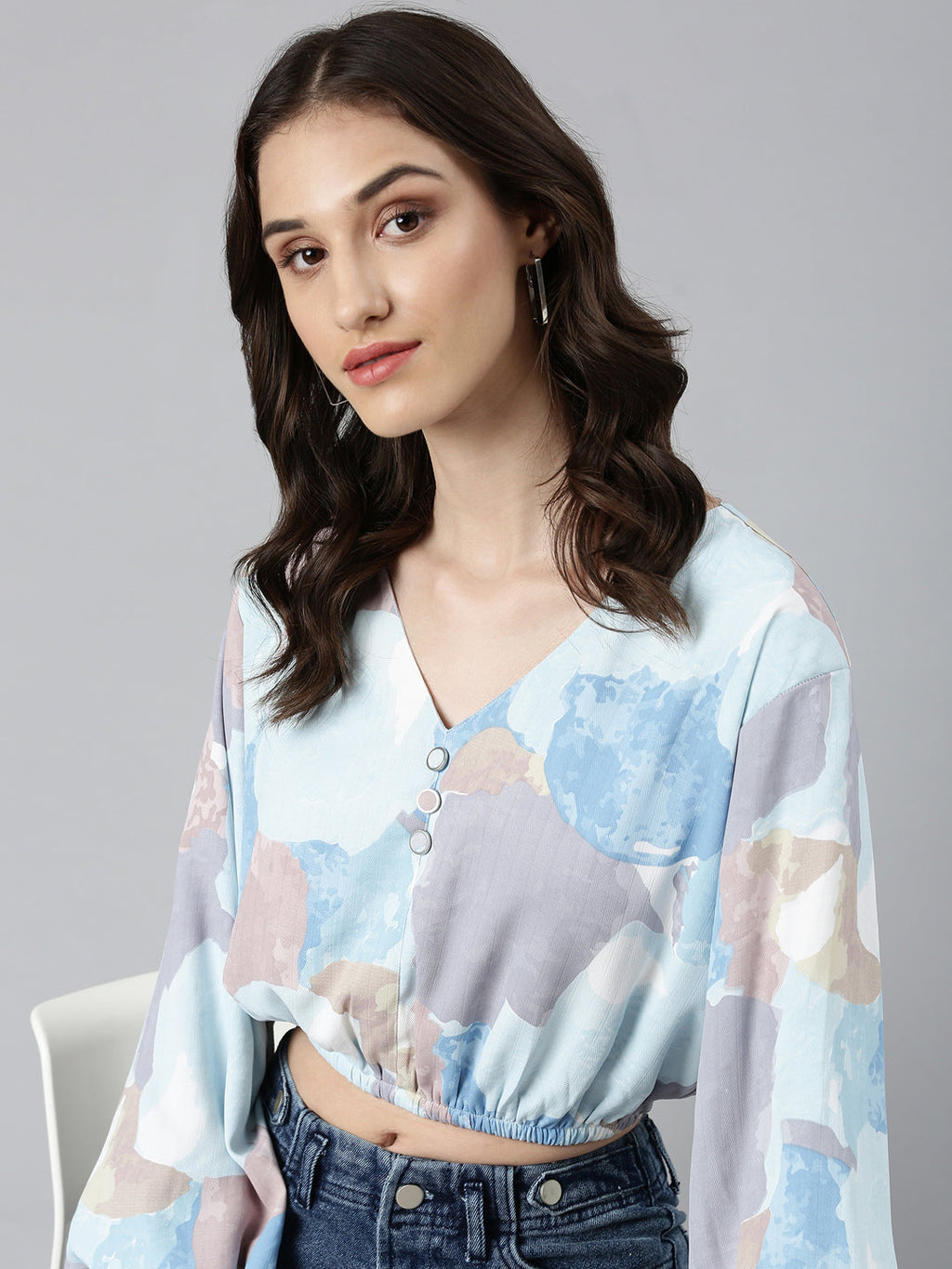 Women's Blue Abstract Printed Flared Sleeves Crepe Blouson Crop Top