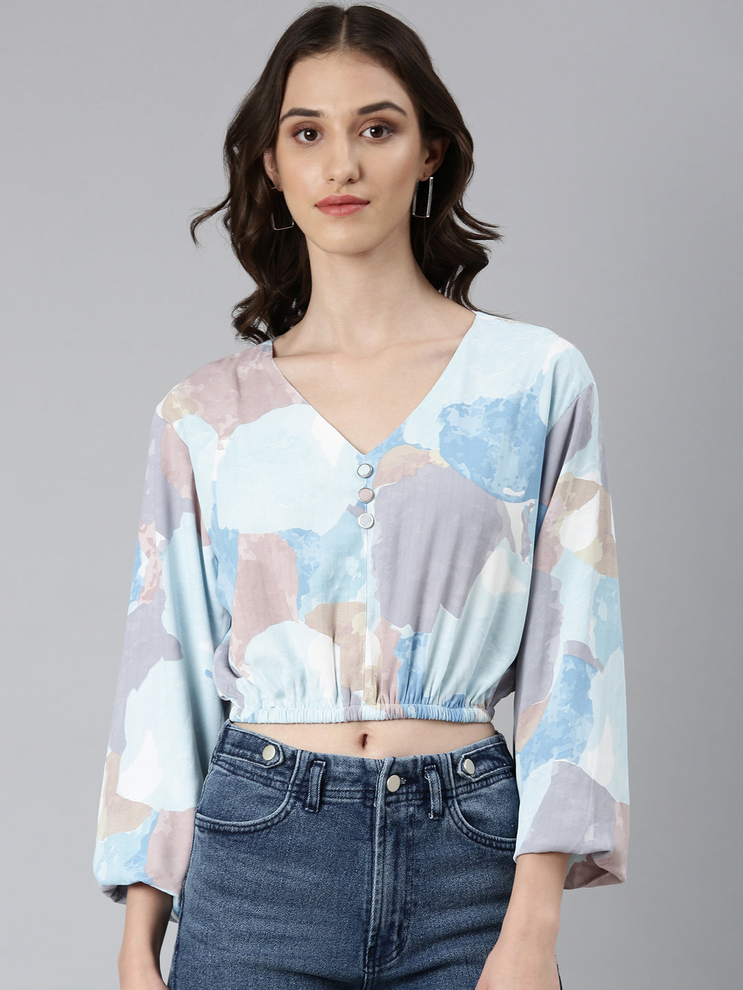 Women's Blue Abstract Printed Flared Sleeves Crepe Blouson Crop Top