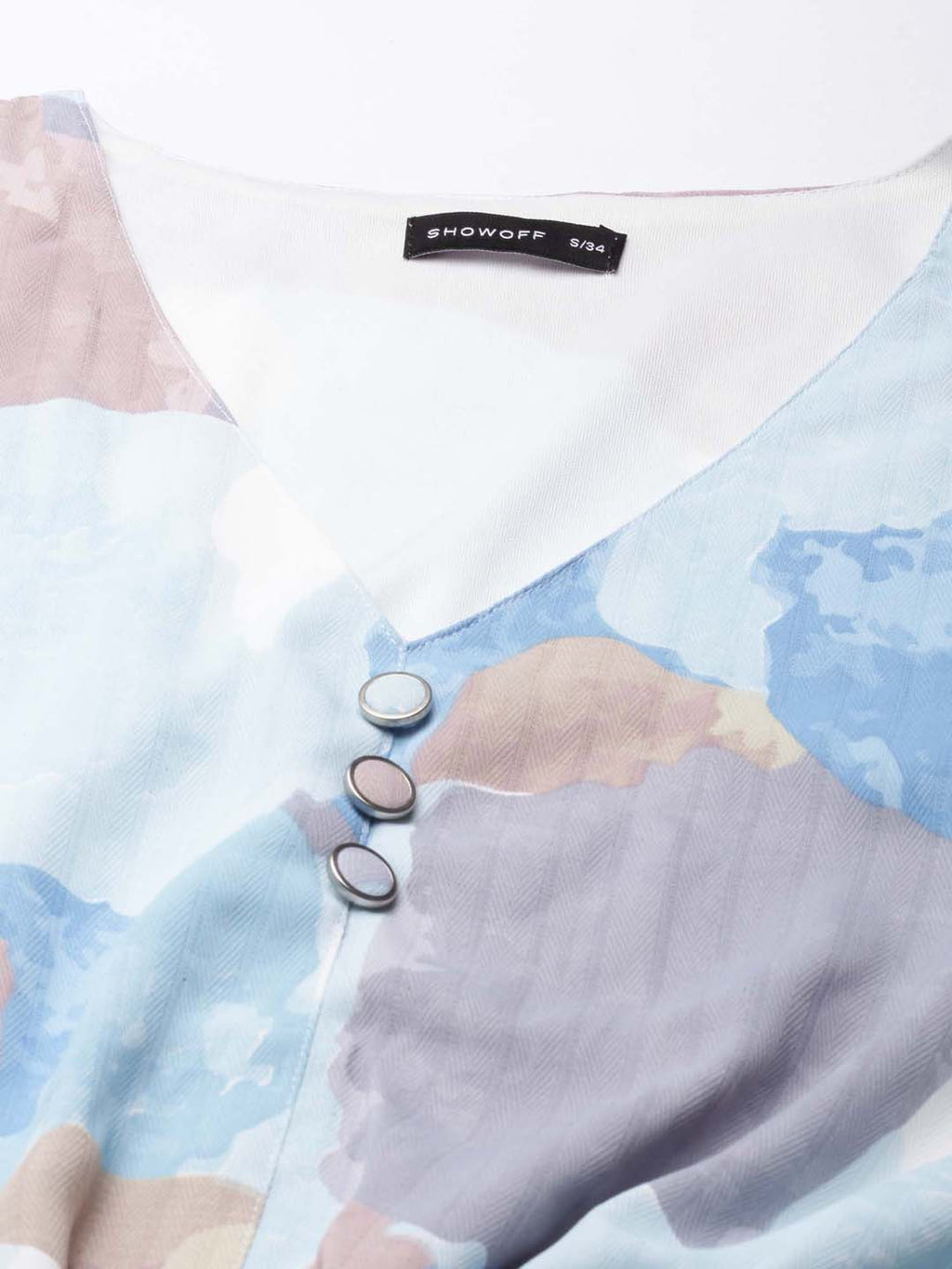 Women's Blue Abstract Printed Flared Sleeves Crepe Blouson Crop Top