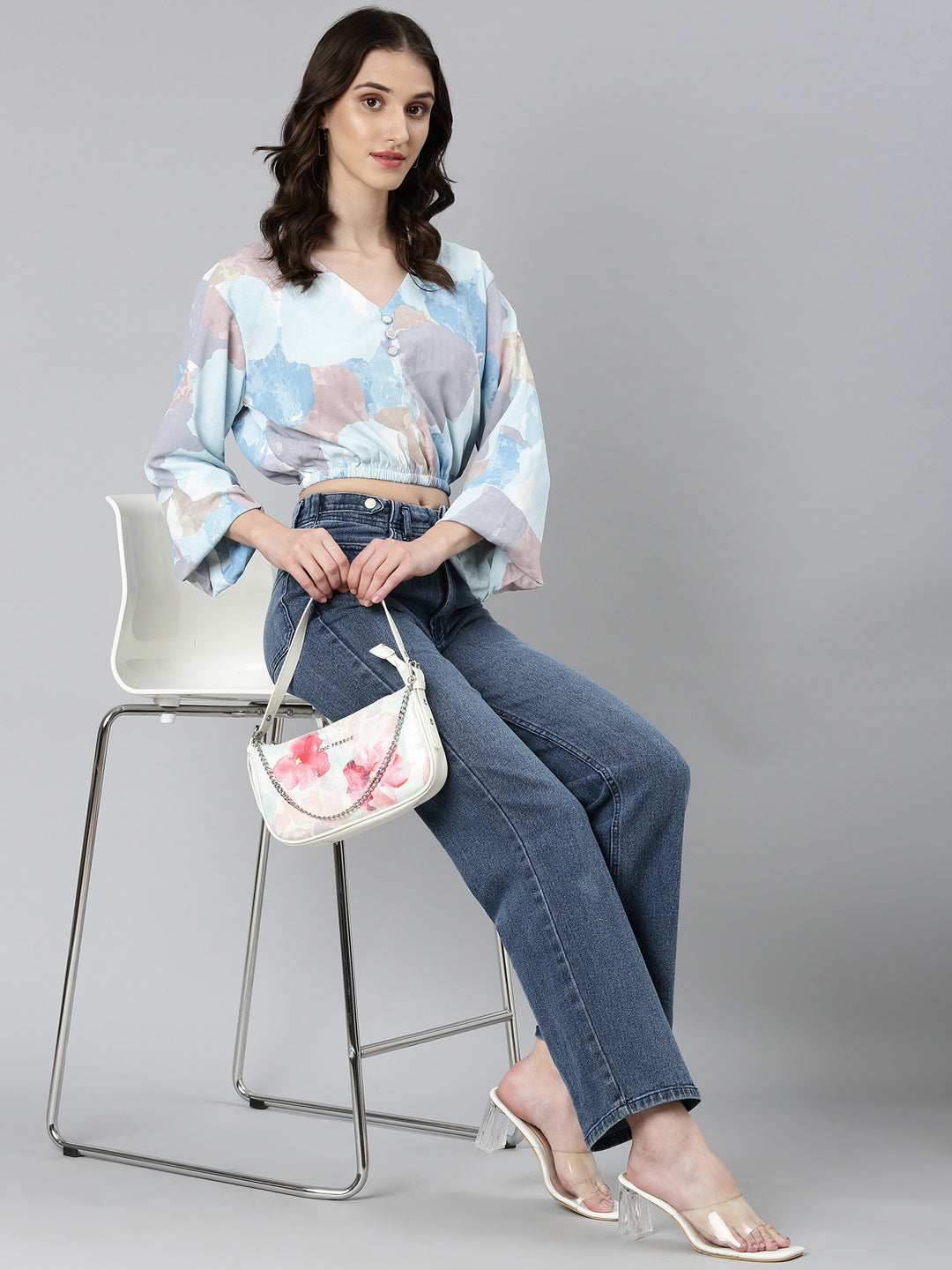 Women's Blue Abstract Printed Flared Sleeves Crepe Blouson Crop Top