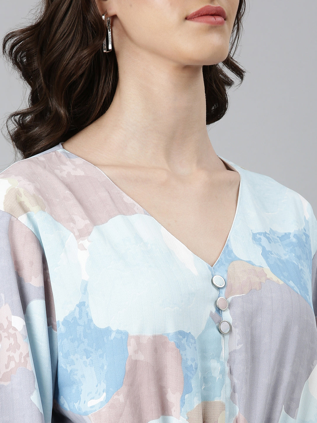 Women's Blue Abstract Printed Flared Sleeves Crepe Blouson Crop Top