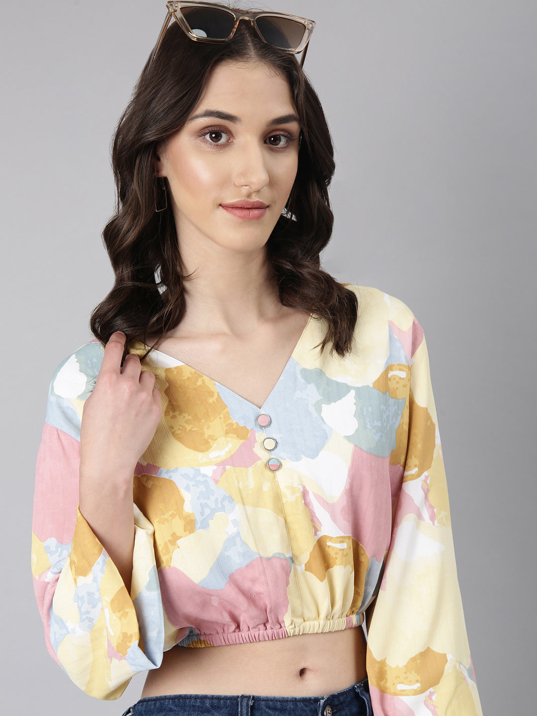 Women's Yellow Abstract Printed Blouson Crop Top