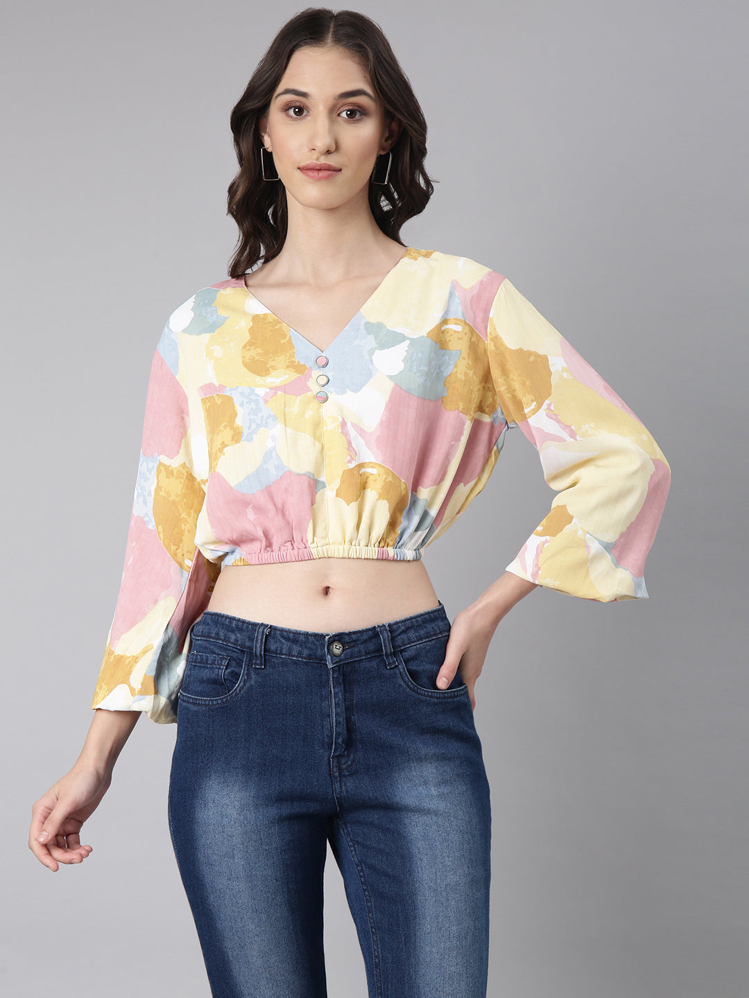 Women's Yellow Abstract Printed Blouson Crop Top