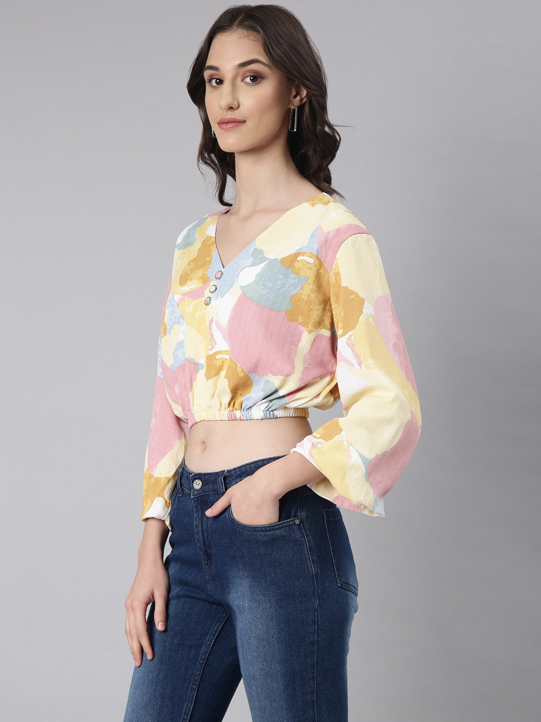 Women's Yellow Abstract Printed Blouson Crop Top