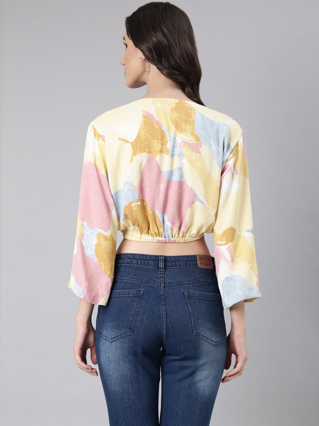 Women's Yellow Abstract Printed Blouson Crop Top