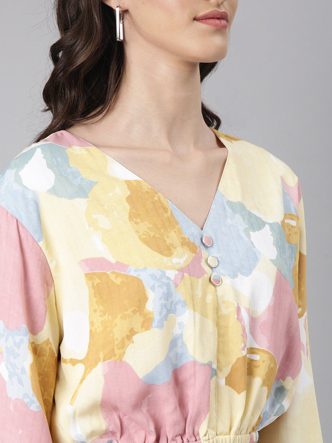 Women's Yellow Abstract Printed Blouson Crop Top
