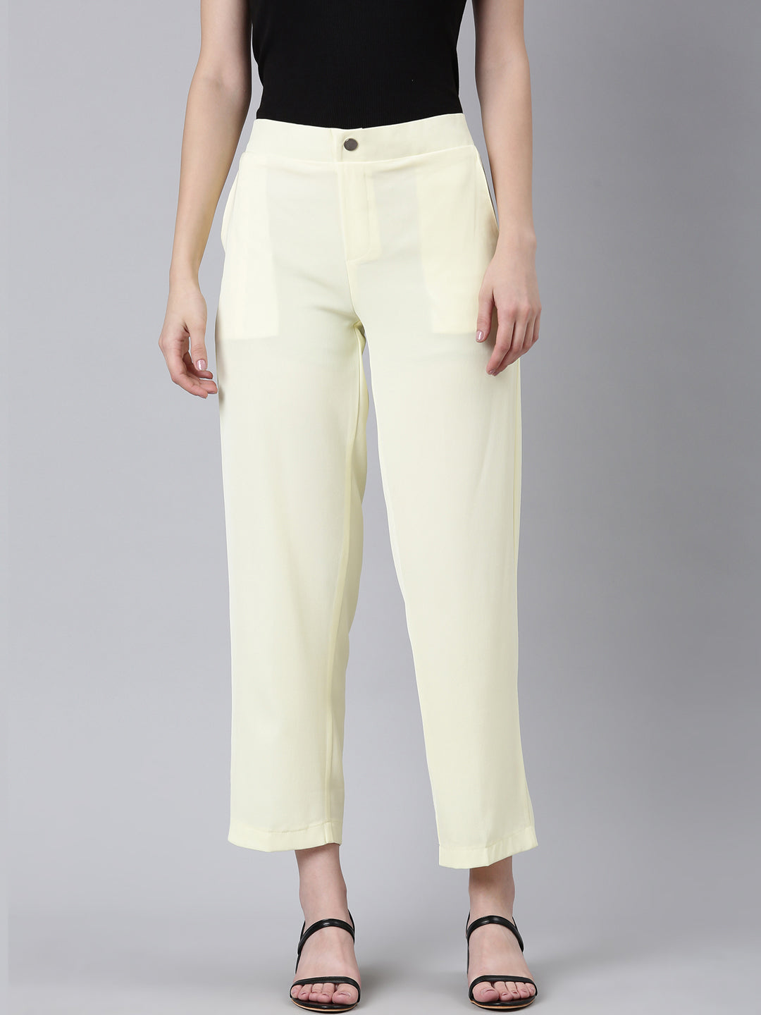 Women's Yellow Straight Fit Cotton Trousers