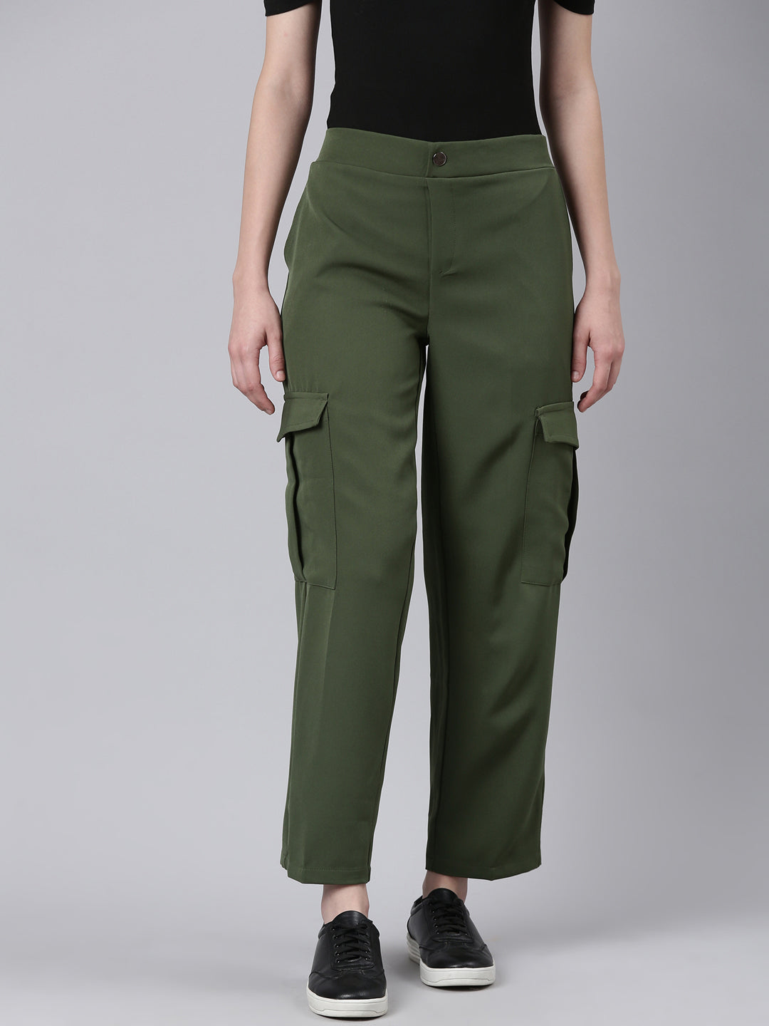 Women's Olive Straight Fit Cotton Cargos Trousers
