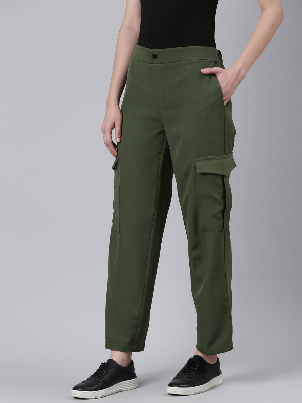 Women's Olive Straight Fit Cotton Cargos Trousers