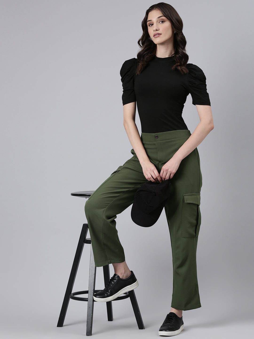 Women's Olive Straight Fit Cotton Cargos Trousers