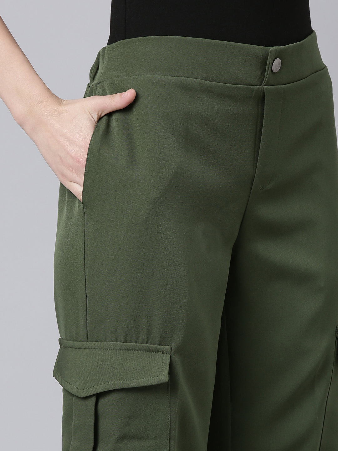 Women's Olive Straight Fit Cotton Cargos Trousers
