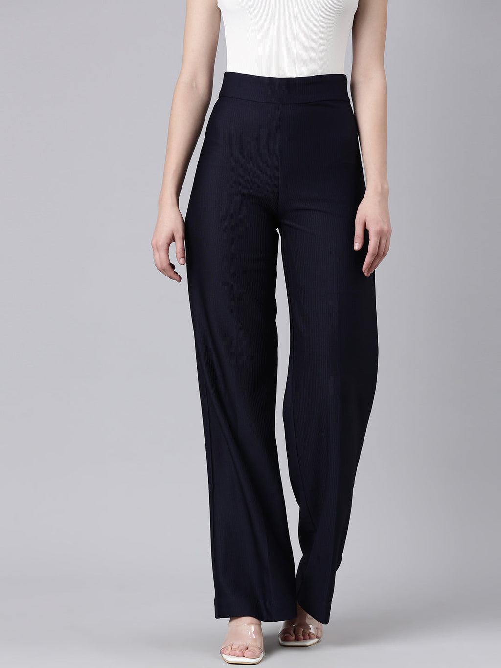 Women's Navy Blue Straight Fit Striped Cotton Parallel Trousers