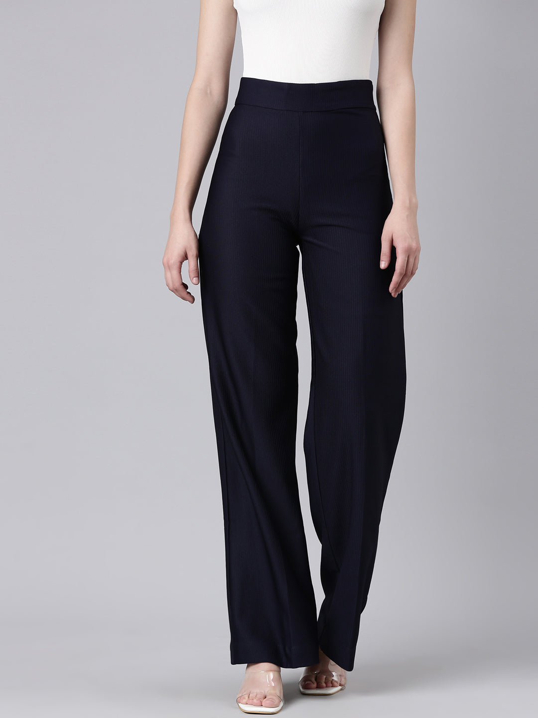 Women's Navy Blue Straight Fit Striped Cotton Parallel Trousers