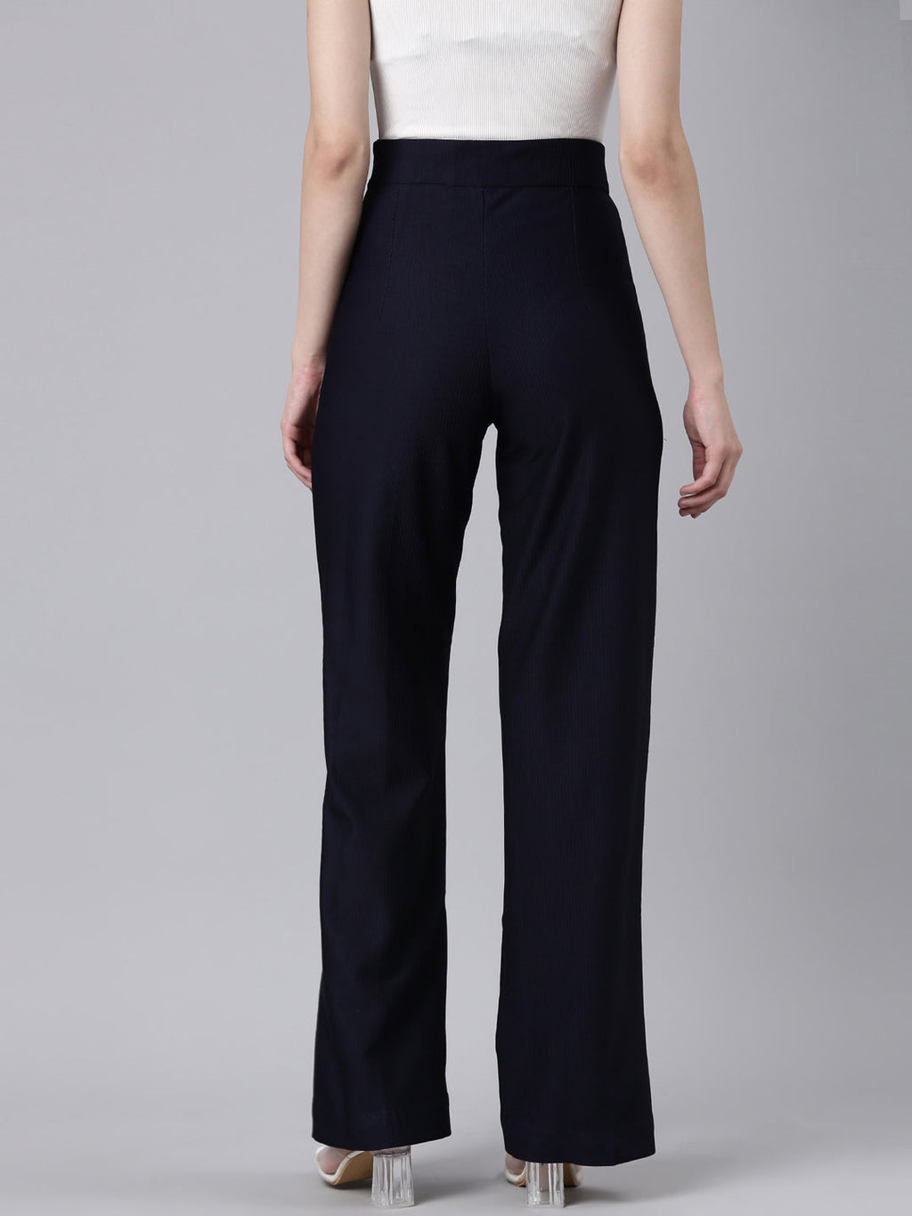 Women's Navy Blue Straight Fit Striped Cotton Parallel Trousers