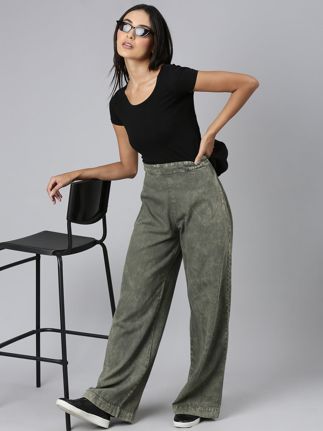 Women's Olive Wide Leg Celan Look Denim Jeans