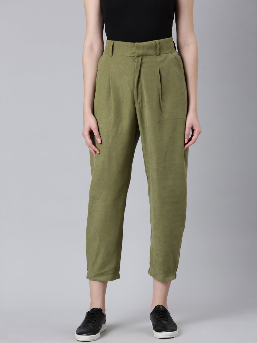 Women's Olive Straight Fit Pleated Cotton Cropped Peg Trousers