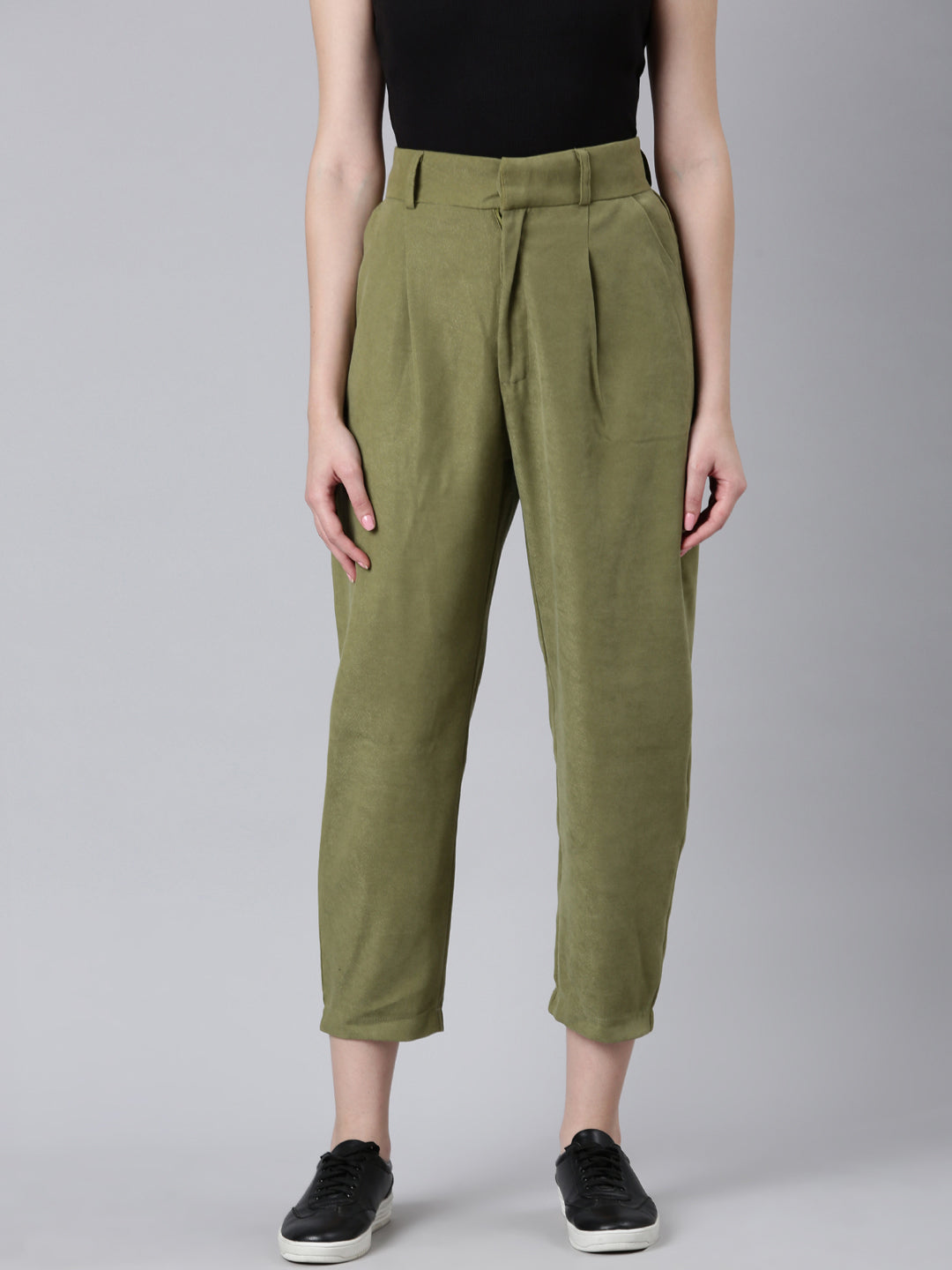 Women's Olive Straight Fit Pleated Cotton Cropped Peg Trousers