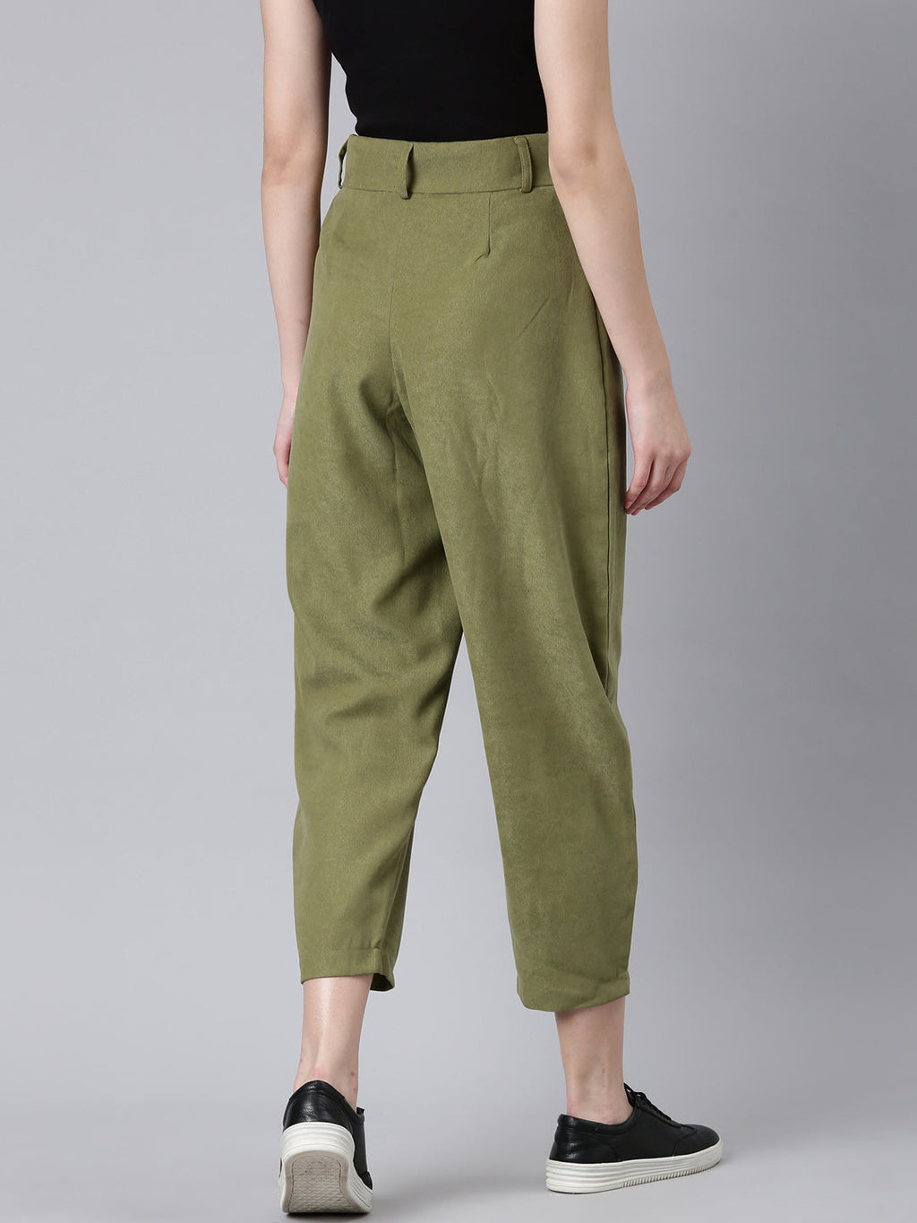 Women's Olive Straight Fit Pleated Cotton Cropped Peg Trousers