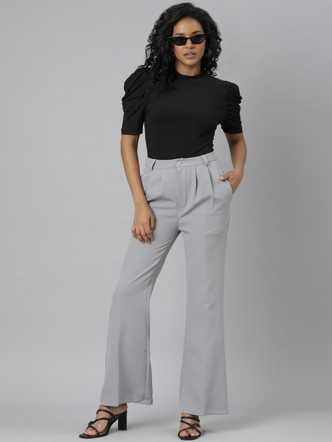 Women's Grey Relaxed Straight Leg Flared Cotton Bootcut Trouser