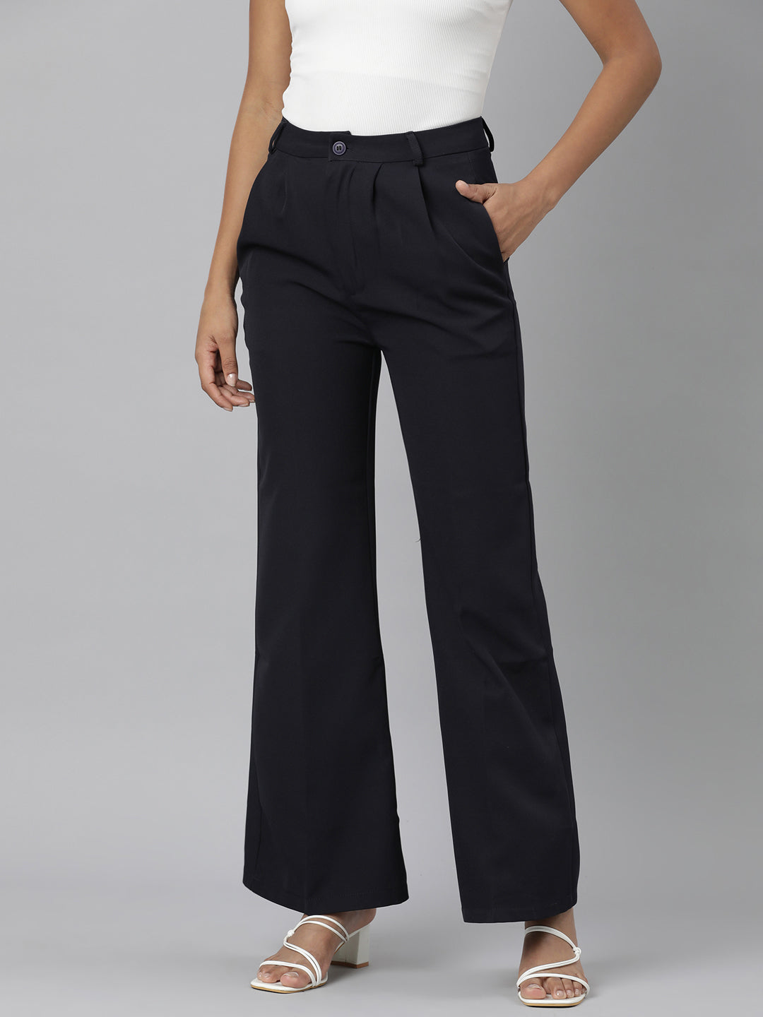 Women's Navy Blue Relaxed Straight Leg Flared Cotton Bootcut Trousers