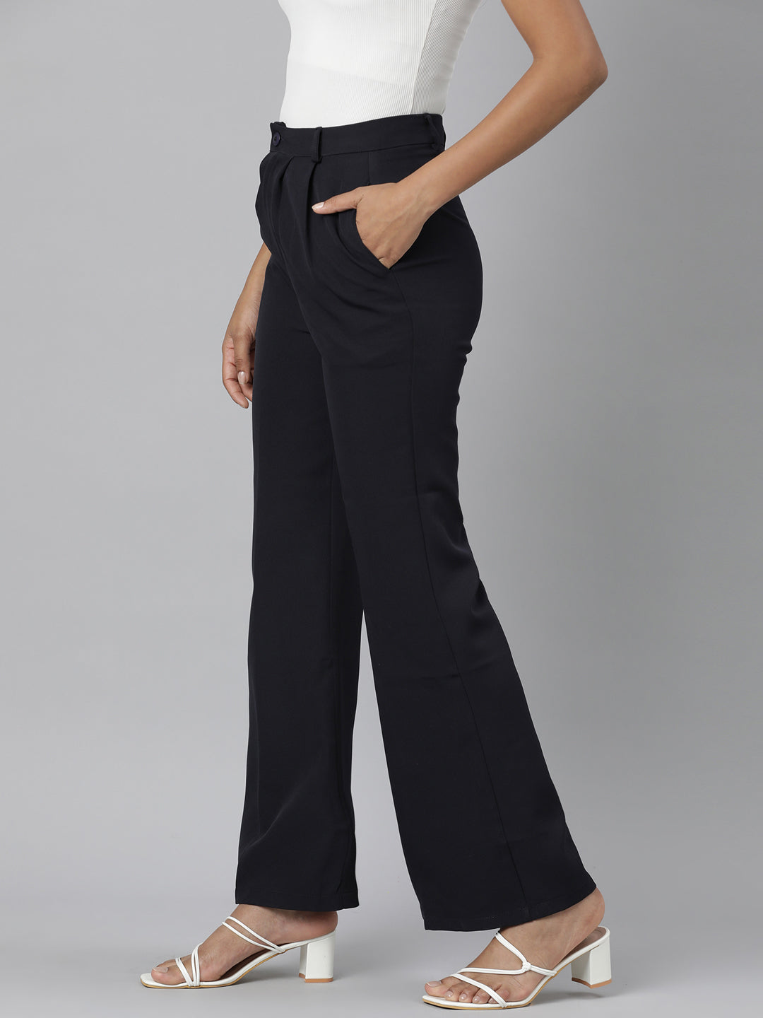 Women's Navy Blue Relaxed Straight Leg Flared Cotton Bootcut Trousers