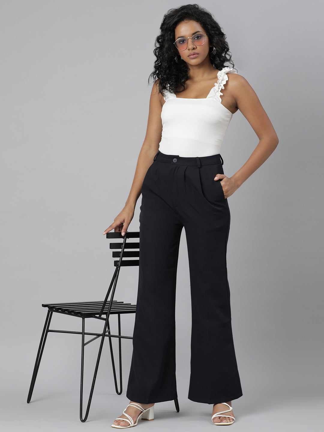 Women's Navy Blue Relaxed Straight Leg Flared Cotton Bootcut Trousers