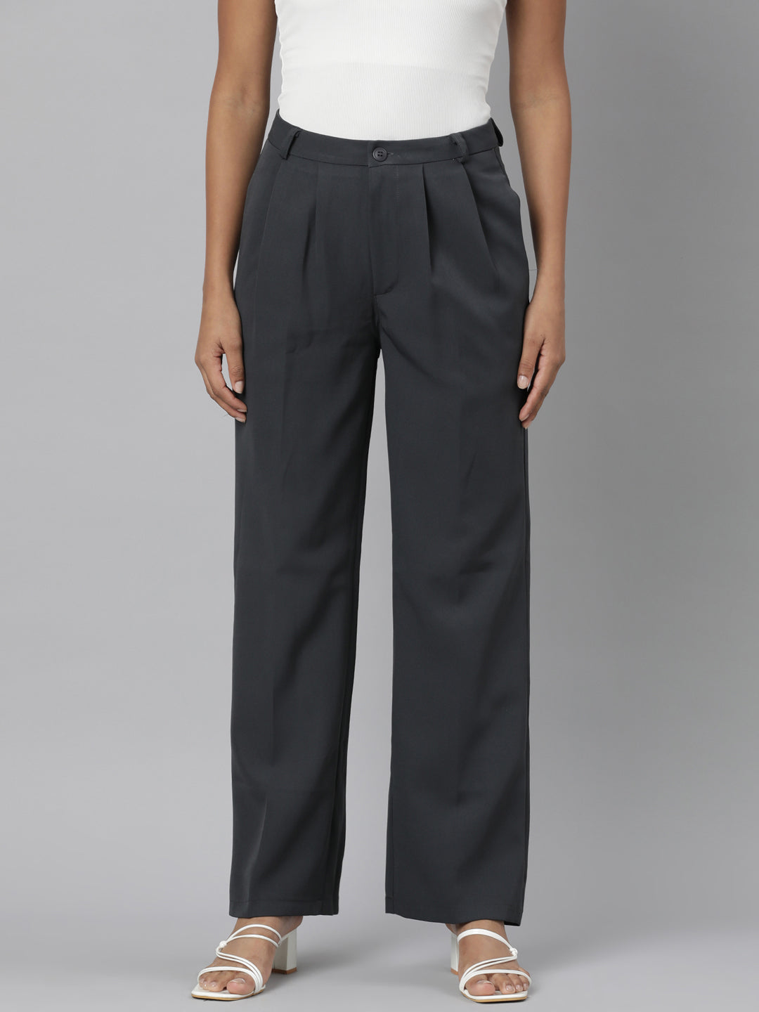 Women's Charcoal Relaxed Straight Fit Cotton Parallel Trousers