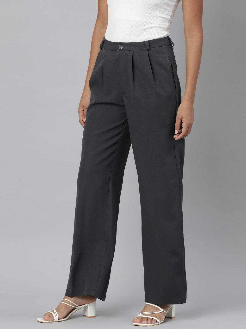 Women's Charcoal Relaxed Straight Fit Cotton Parallel Trousers