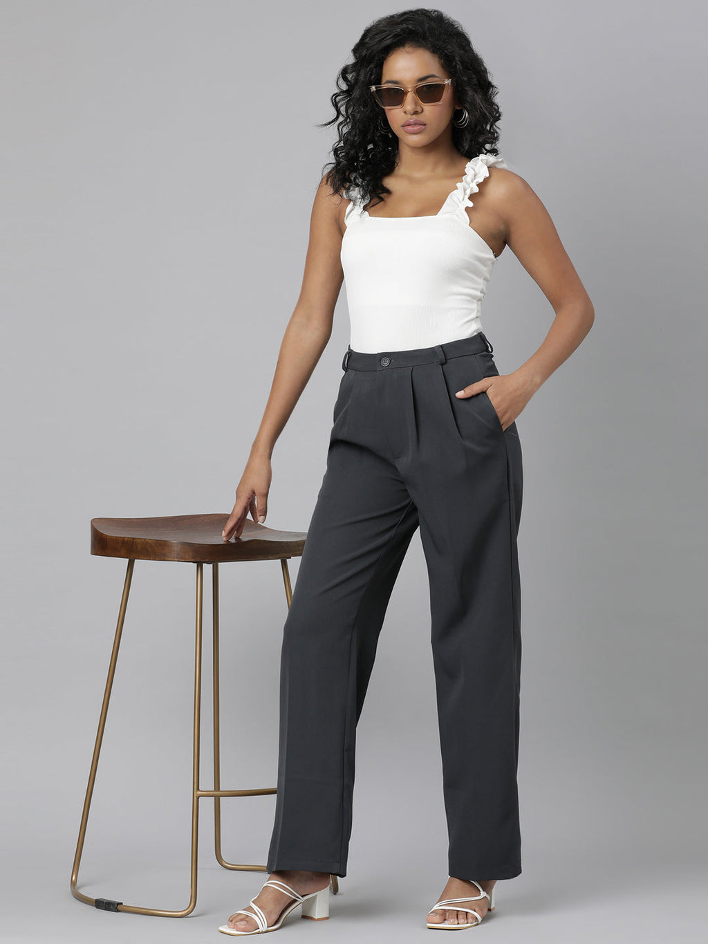 Women's Charcoal Relaxed Straight Fit Cotton Parallel Trousers