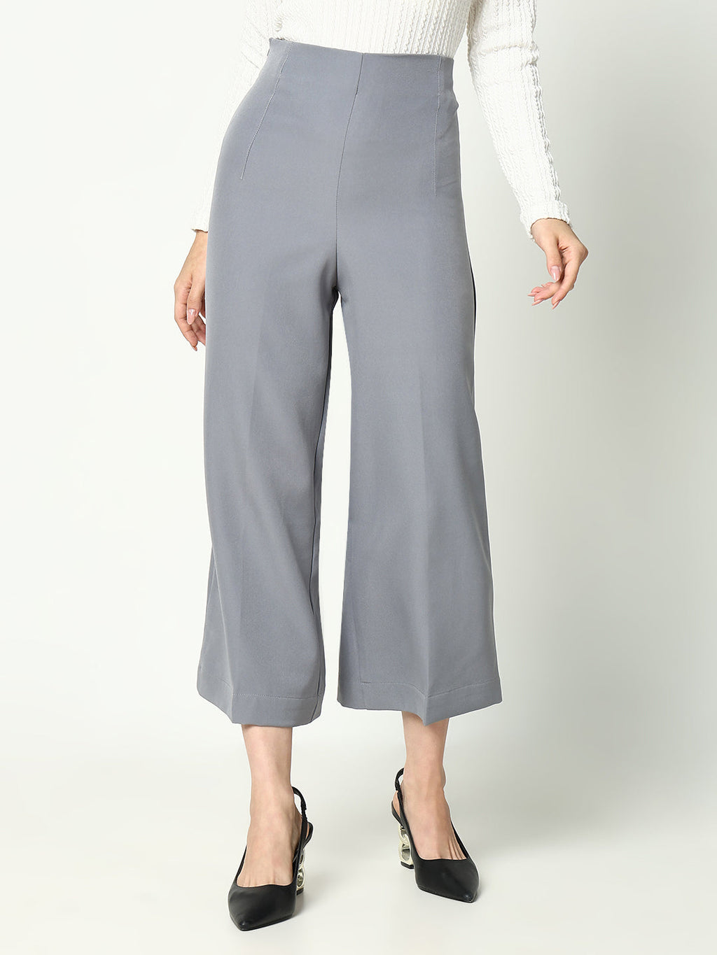 Women's Grey Cotton Regular Fit Comfort Pleated Trousers