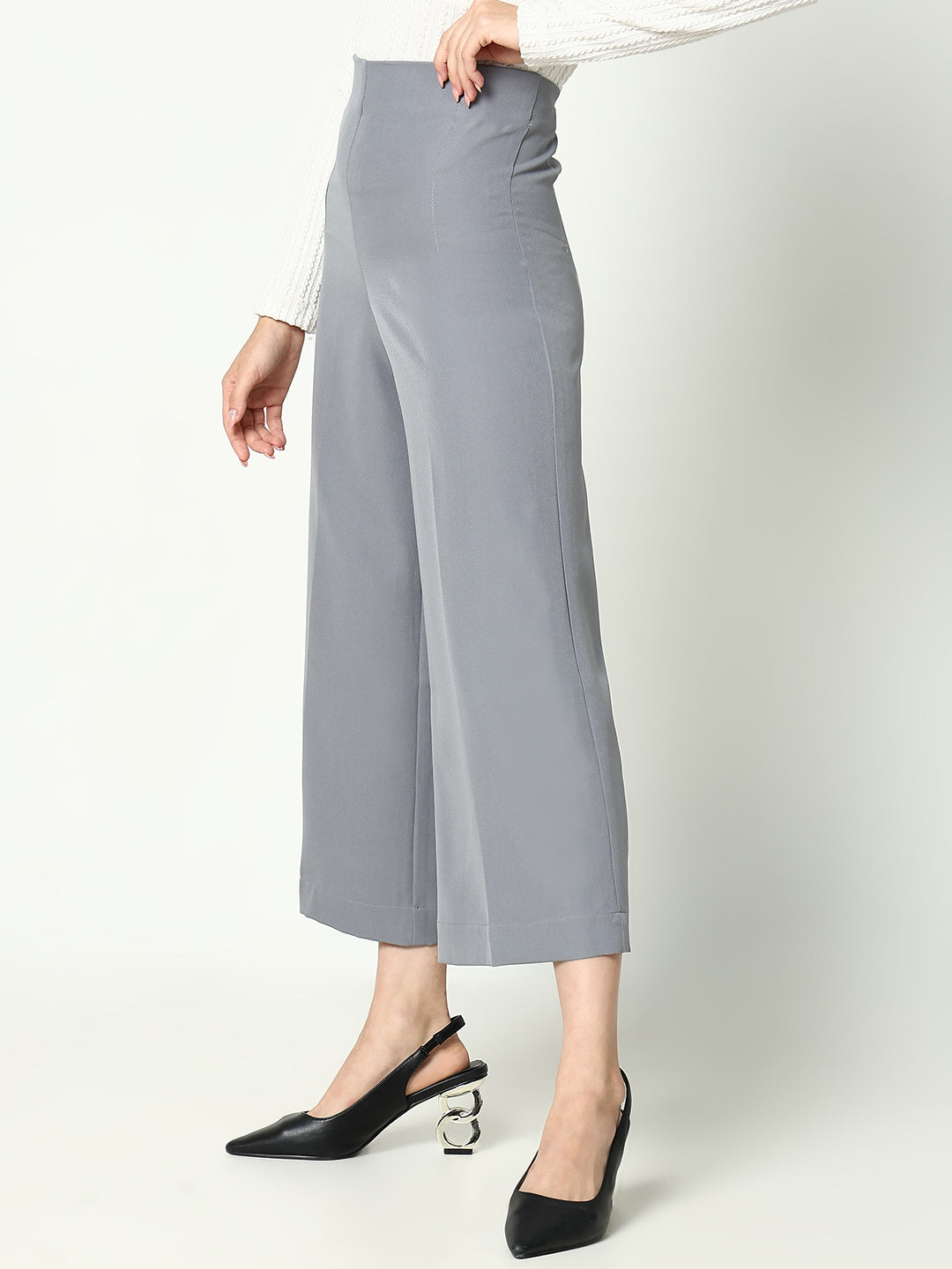 Women's Grey Cotton Regular Fit Comfort Pleated Trousers