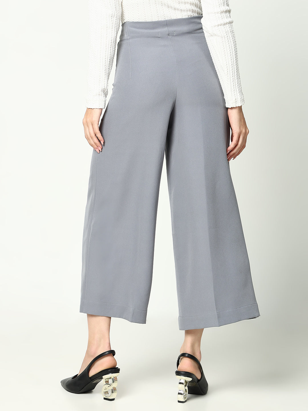 Women's Grey Cotton Regular Fit Comfort Pleated Trousers