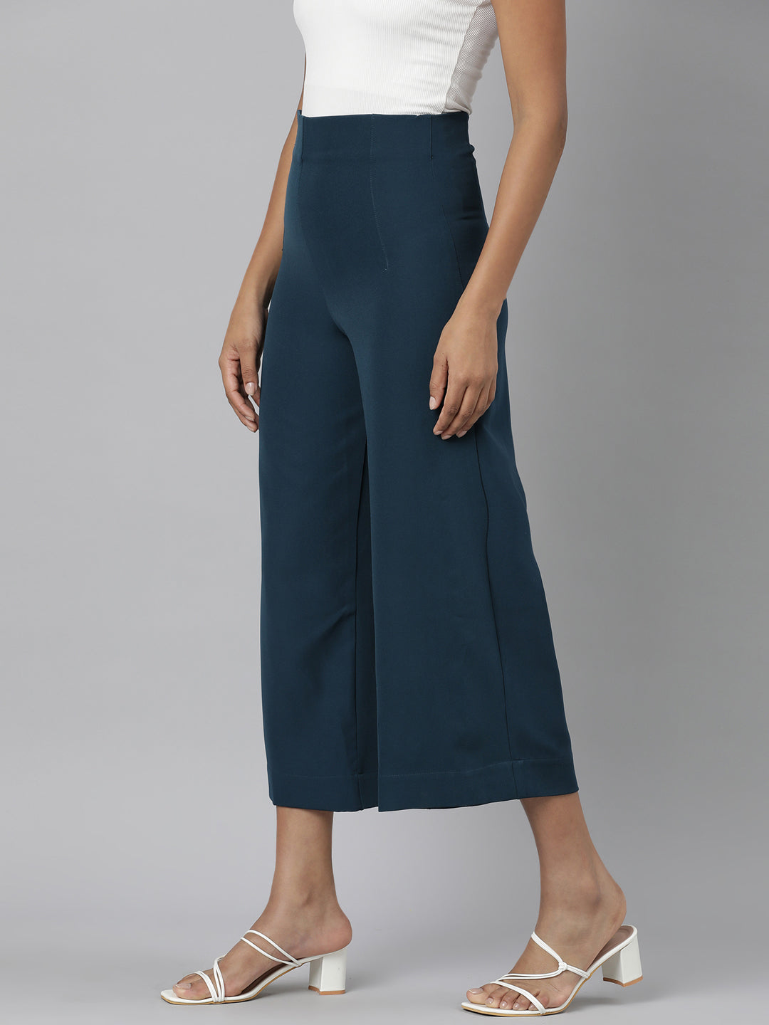 Women's Teal Relaxed Straight Leg Flared Cotton Culottes Trousers