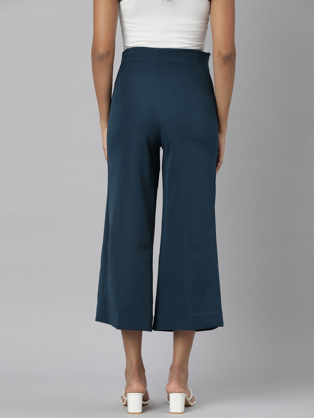 Women's Teal Relaxed Straight Leg Flared Cotton Culottes Trousers