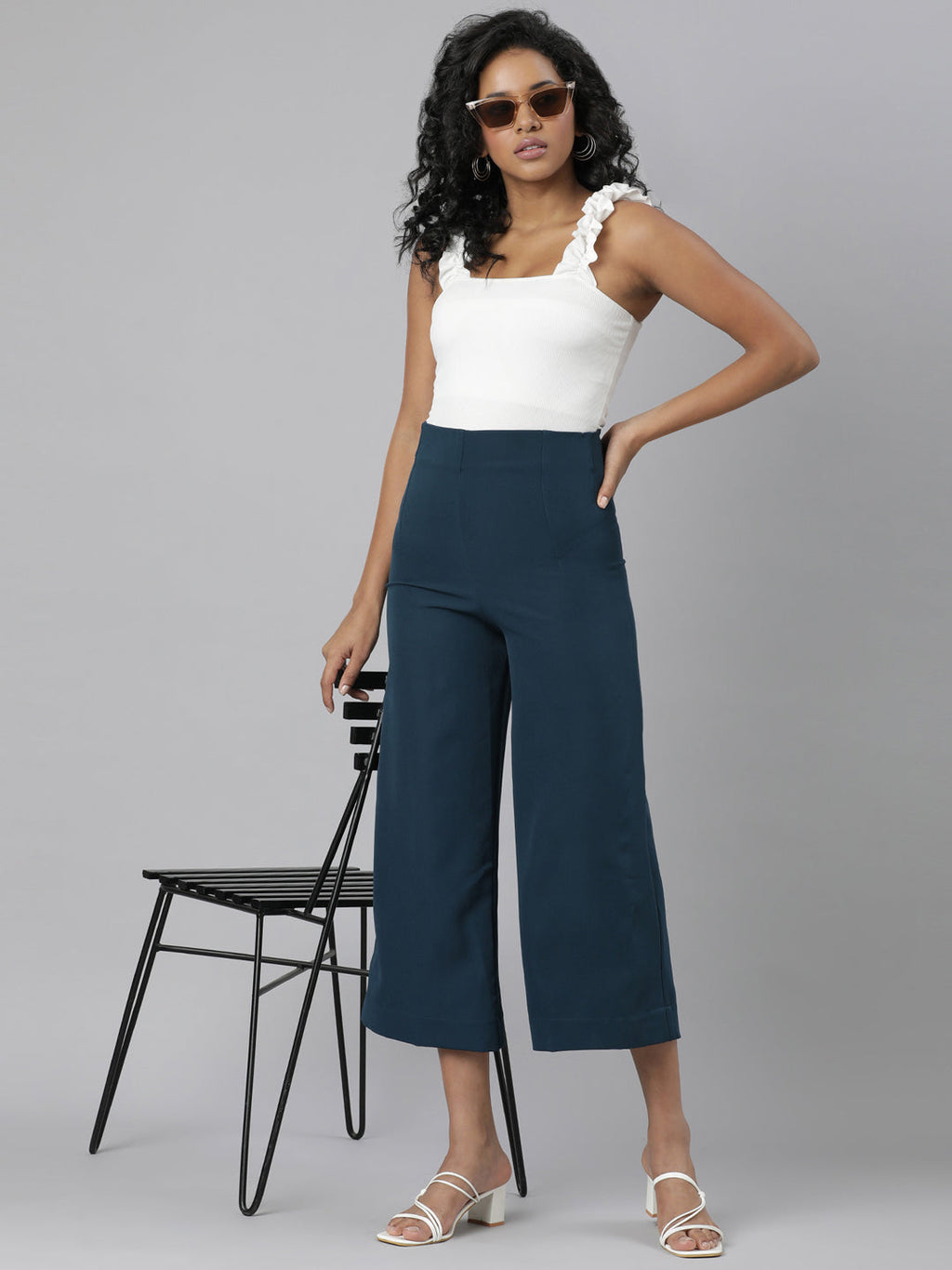 Women's Teal Relaxed Straight Leg Flared Cotton Culottes Trousers