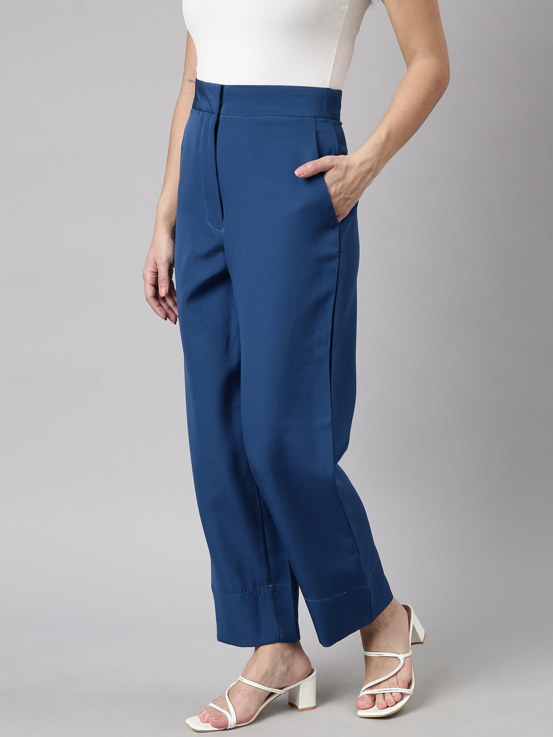 Women's Solid Teal Parallel Trousers