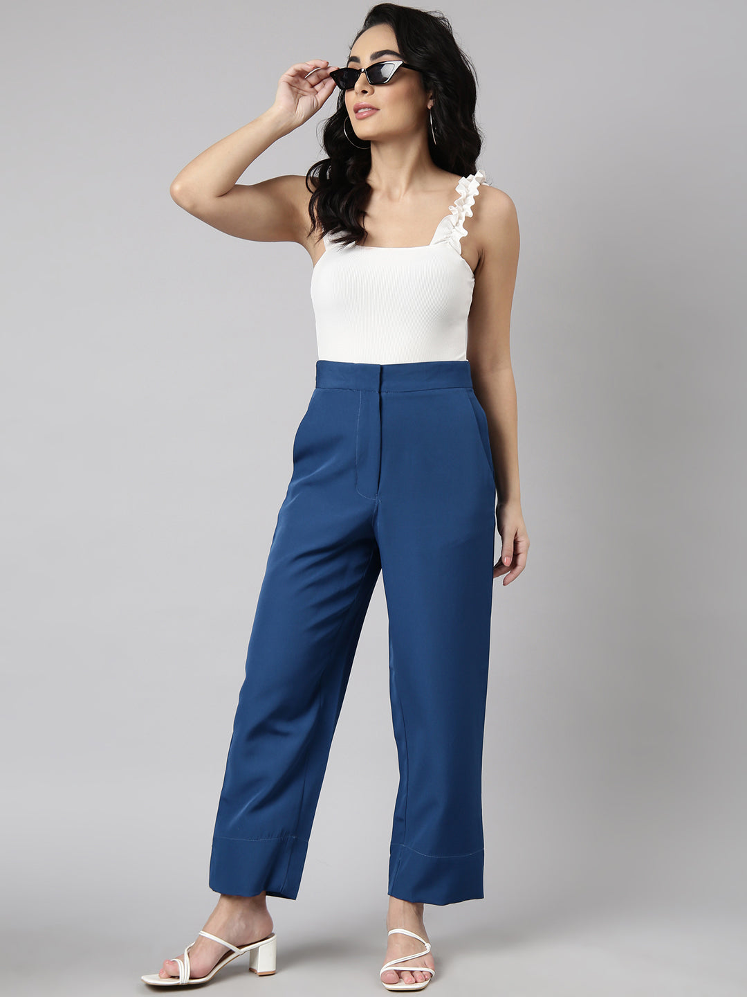 Women's Solid Teal Parallel Trousers