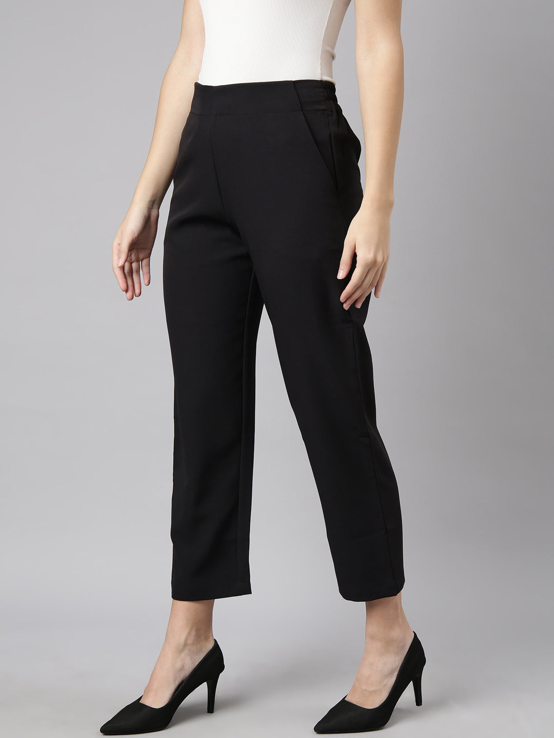 Women's Black Regular Fit Cotton Comfort Formal Trousers