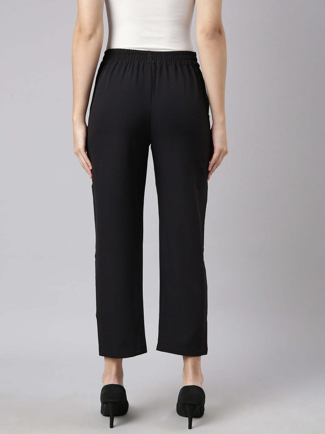 Women's Black Regular Fit Cotton Comfort Formal Trousers