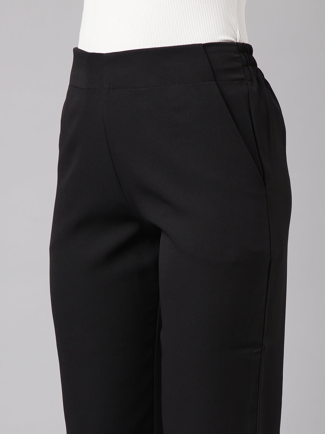 Women's Black Regular Fit Cotton Comfort Formal Trousers