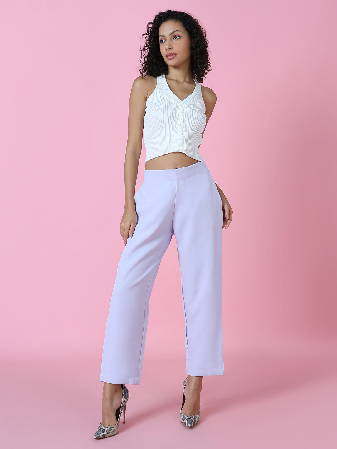Women's Lavender Regular Fit Cotton Comfort Formal Trousers